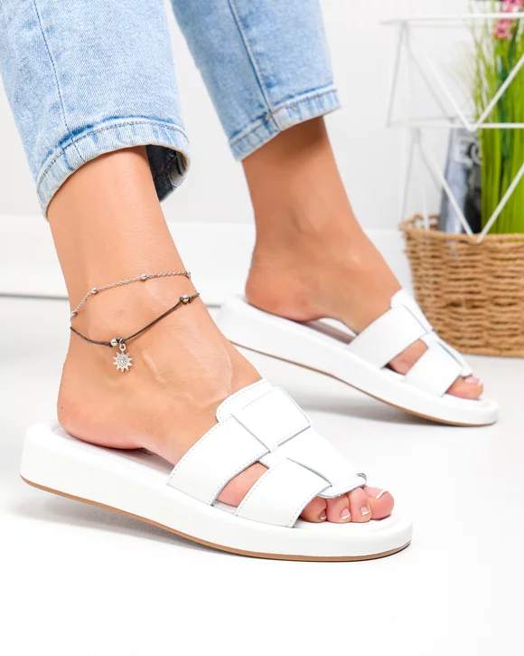 Papuci dama piele naturala albi cu talpa joasa F001-809