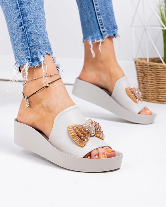 Papuci - Papuci dama piele naturala bej cu fundita aplicata si talpic adancit GI-004