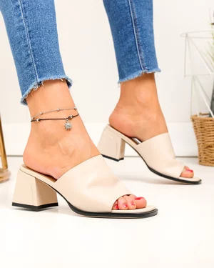 Papuci dama piele naturala bej cu inchidere slip-on si toc gros TN6506