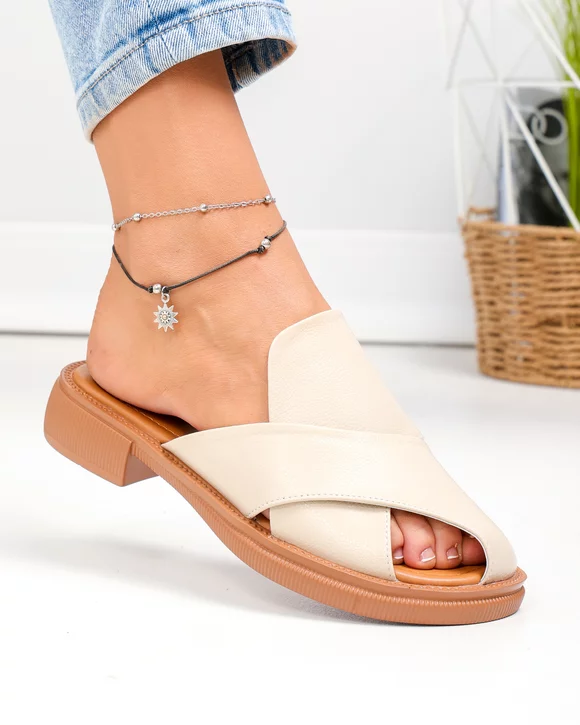 Papuci dama piele naturala bej cu talpa joasa F005-021