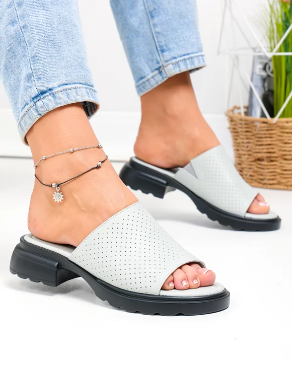 Papuci dama piele naturala gri cu talpa joasa F001-801