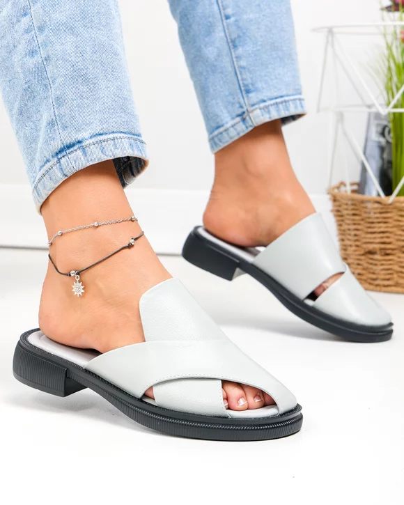 Papuci dama piele naturala gri cu talpa joasa F005-021