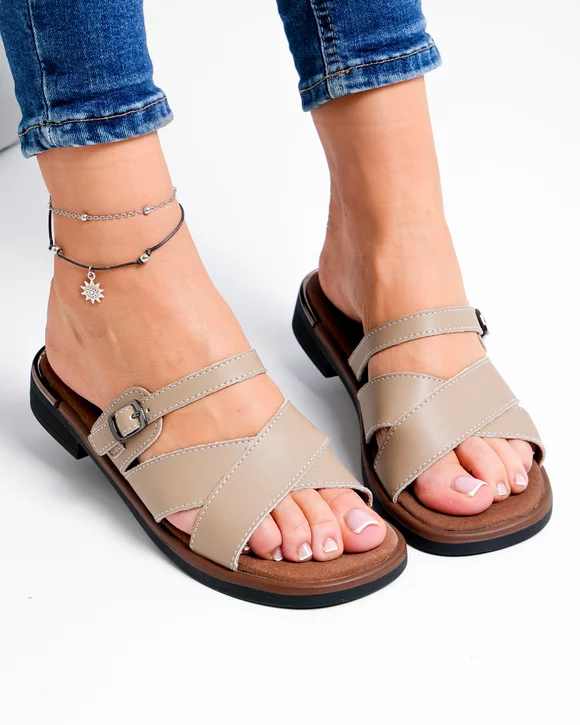 Papuci - Papuci dama piele naturala kaki cu catarama de ajustare si talpa flexibila F002-545
