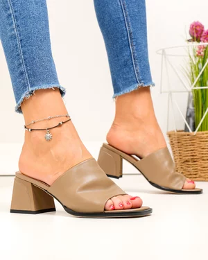 Papuci dama piele naturala kaki cu toc gros TN6506