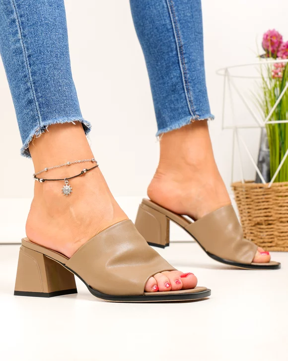 Papuci dama piele naturala kaki cu toc gros TN6506