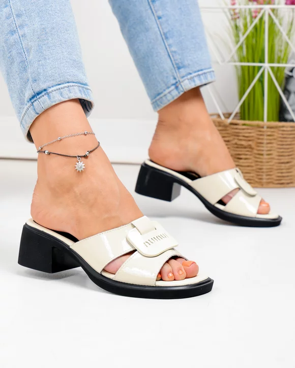 Papuci - Papuci dama piele naturala lacuita bej cu toc gros JY5762