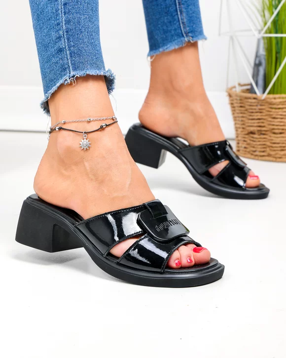 Papuci dama piele naturala lacuita negri slip-on JY5762