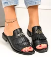 Papuci dama piele naturala negri cu franjuri si accesoriu metalic albina PV978 1
