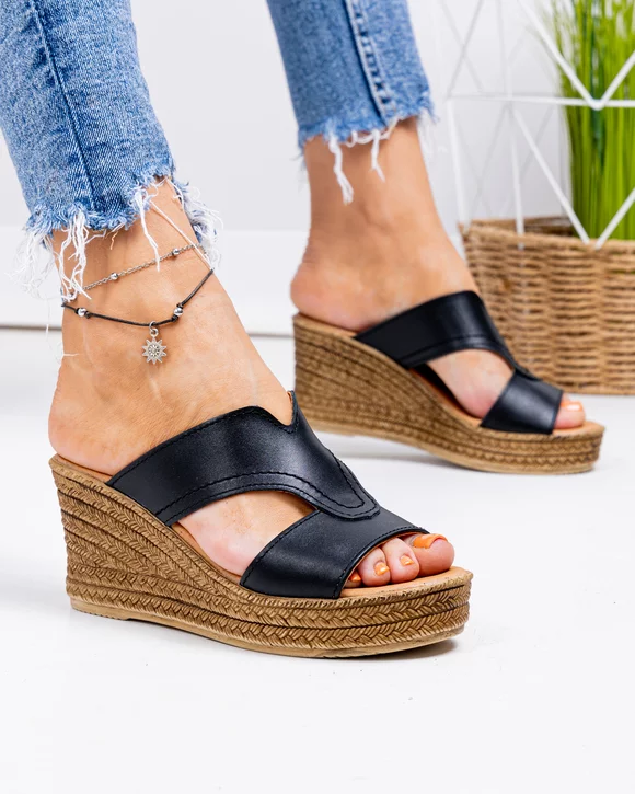 Papuci - Papuci dama piele naturala negri cu talpa tip platforma PV982