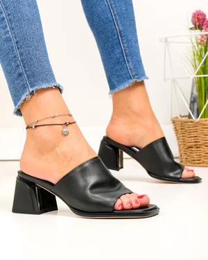 Papuci dama piele naturala negri cu toc gros si inchidere slip-on TN6506