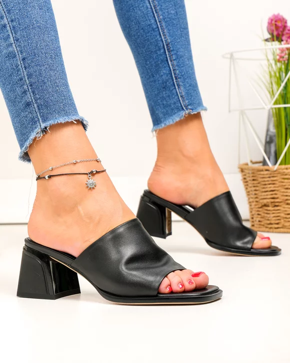 Papuci dama piele naturala negri cu toc gros si inchidere slip-on TN6506