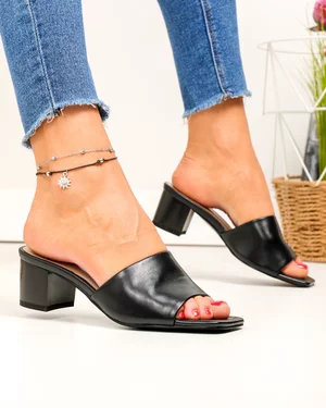 Papuci dama piele naturala negri cu toc gros SN4011