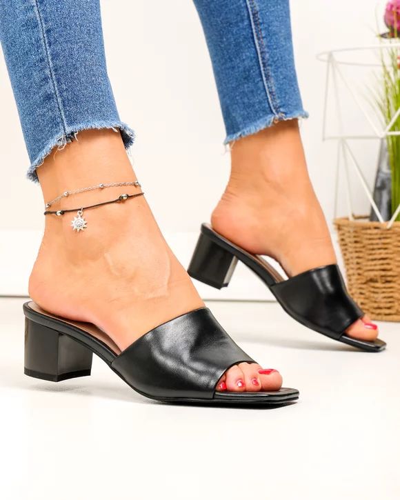 Papuci dama piele naturala negri cu toc gros SN4011