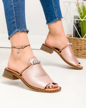 Papuci dama piele naturala rose sidefat accesorizati PV960