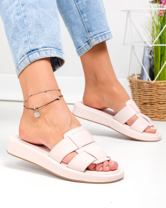 Papuci dama piele naturala roz cu bareta dubla F001-809