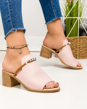 Papuci dama piele naturala roz pudra cu talpa maro si toc gros PV965