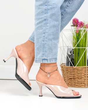 Papuci - Papuci eleganti dama piele naturala lacuita roz inchis cu toc subtire TN6507