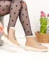 Ghete dama piele naturala imblanite kaki cu inchidere sireturi si fermoar F002-409 2