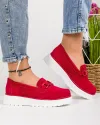 Mocasini dama piele naturala intoarsa rosii cu talpa alba inchidere slip-on si accesoriu T-3071 4