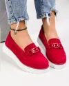 Mocasini dama piele naturala intoarsa rosii cu talpa alba inchidere slip-on si accesoriu T-3071 1