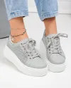 Pantofi casual dama piele naturala gri perforati lateral cu inchidere sireturi si insertie argintie T6042 1