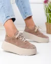 Pantofi casual dama piele naturala intoarsa kaki cu talpa groasa si inchidere sireturi F005-033 1
