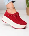 Pantofi casual dama piele naturala intoarsa rosii cu inchidere siret elastic si talpa groasa F002-672 2
