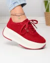 Pantofi casual dama piele naturala intoarsa rosii cu talpa groasa si inchidere sireturi F002-673 2
