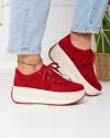 Pantofi casual dama piele naturala intoarsa rosii cu talpa groasa si inchidere sireturi F002-673 4