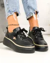 Pantofi casual dama piele naturala negri cu aplicatie metalica insecta si insertie aurie F002-353 5