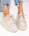 Pantofi casual dama piele naturala roz sidefat cu inchidere sireturi F002-426B 1