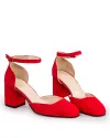 Pantofi eleganti piele naturala intoarsa rosii cu toc gros si inchidere catarama WIZ32V 6