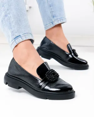 Pantofi casual dama piele naturala lacuita negri cu inchidere slip-on PC823-3