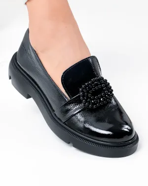 Outlet - Ultimele Marimi - Pantofi casual dama piele naturala lacuita negri cu inchidere slip-on PC823-3