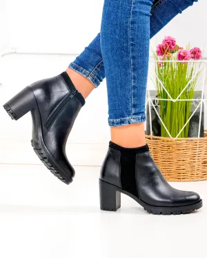 Botine dama piele naturala negre cu toc gros si insertie piele intoarsa PCI085