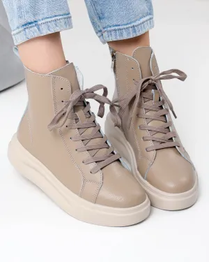 Ghete captusite dama piele naturala kaki cu talpa bej AW458