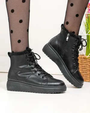 Ghete dama piele naturala imblanite negre cu inchidere sireturi si fermoar F002-409