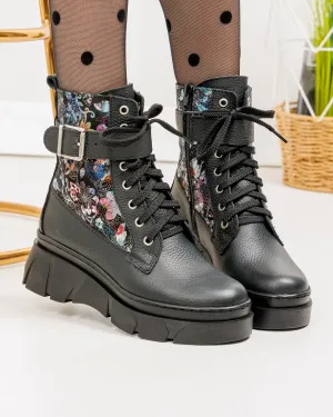 Ghete dama piele naturala negre cu imprimeu floral si catarama decorativa PCI066