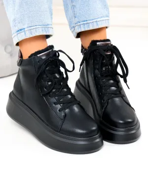 Ghete - Ghete dama piele naturala negre cu platforma F002-444B