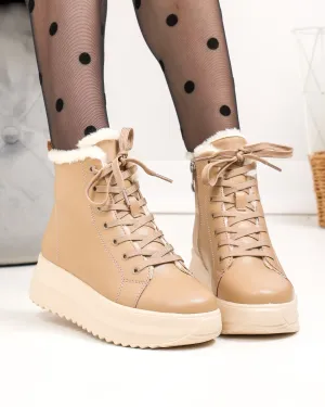 Ghete - Ghete imblanite dama piele naturala kaki cu inchidere sireturi si fermoar F002-296
