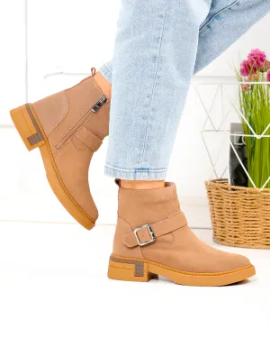 Ghete - Ghete scurte dama din piele naturala khaki cu accesoriu si catarama T-2628
