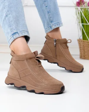 Ghete - Ghete scurte dama piele naturala intoarsa kaki imblanite cu inchidere fermoar JY7911