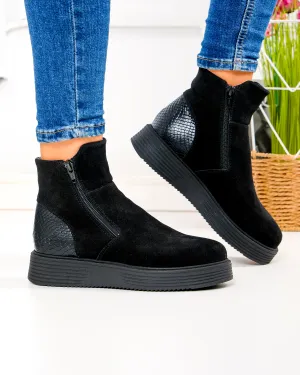 Ghete scurte dama piele naturala intoarsa negre cu inchidere fermoar si talpa groasa PCI081V