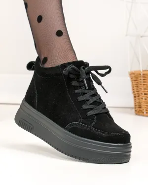 Ghete - Ghete scurte dama piele naturala intoarsa negre cu inchidere sireturi si fermoar T7026