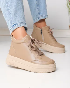 Ghete scurte dama piele naturala kaki cu varf rotund si talpa inalta T-7026