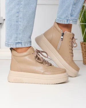 Ghete - Ghete scurte dama piele naturala kaki cu varf rotund si talpa inalta T-7026