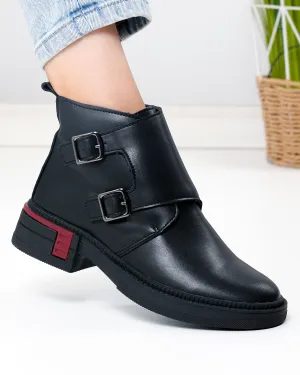 Ghete - Ghete scurte dama piele naturala negre captusite cu model suprapus T-2630