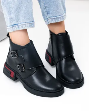 Ghete scurte dama piele naturala negre captusite cu model suprapus T-2630