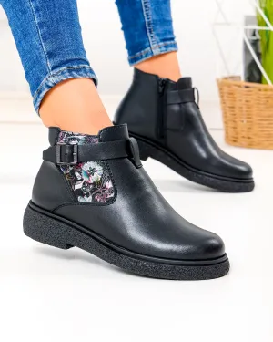 Ghete - Ghete scurte dama piele naturala negre cu imprimeu floral PCI638