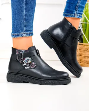 Ghete scurte dama piele naturala negre cu imprimeu floral PCI638